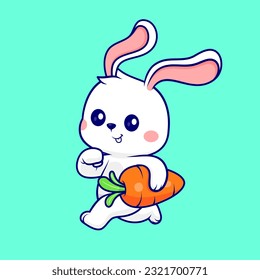 Cute Rabbit Running With Carrot Cartoon Vector Icon Illustration. Animal Food Icon Concept Isolated Premium Vector. Flat Cartoon Style