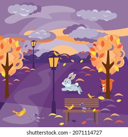 Cute rabbit running in park and squirrel with yellow orange trees in autumn. Fashlight in the park