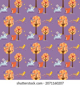 Cute rabbit running in park and squirrel with yellow orange trees in autumn. Vector pattern.