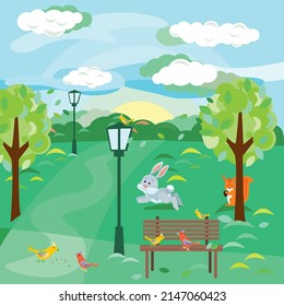 Cute rabbit running in park and squirrel with green  trees in spring summer. Fashlight in the park
