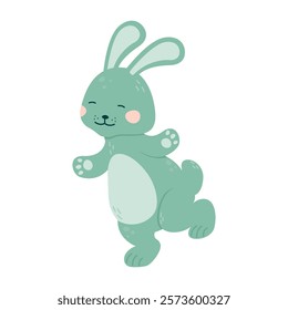 Cute rabbit runs with its paws open and its eyes closed. Funny bunny. Vector illustration on a white background. Flat style.