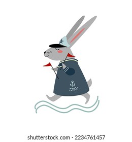 Cute rabbit sailor. Funny bunny is sea captain. Seaside mascot. Cartoon character, hand drawn vector illustration for kids isolated on white. Flat design. Idea for print on baby clothes, poster, etc