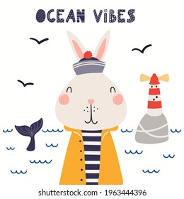 Cute rabbit sailor, lighthouse, sea waves, text Ocean vibes, isolated on white. Hand drawn vector illustration. Scandinavian style flat design. Concept kids nautical fashion, textile print, poster