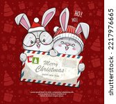 Cute Rabbit Santa Claus With Christmas Postcard
