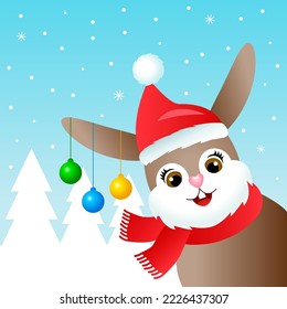 
A cute rabbit in a Santa Claus hat and a scarf with Christmas balls on the background of a winter forest. new year concept and Xmas . vector illustration