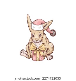 Cute rabbit in Santa Claus hat holding Christmas present, sketch vector illustration isolated on white background. Hand drawn bunny with engraving. Winter holidays concept.