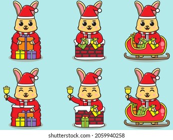 Cute Rabbit Santa Claus vector illustration. Vector illustration isolated on light blue background. Good for icon, label, sticker, clipart.