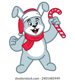 Cute Rabbit in a Santa Hat Holding a Candy Cane