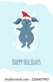 Cute rabbit in Santa hat lies on snow and makes silhouette of angel. Happy Holidays card with Christmas bunny, winter activities. Cartoon cheerful hare. Xmas, New Year greeting. Vector illustration.