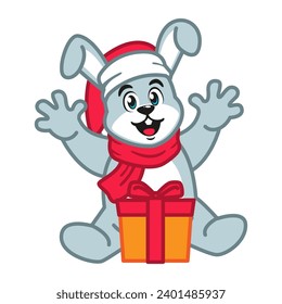 ein Cute Kaninchen in einem Weihnachtsmütze und einem roten Schal, der ein Weihnachtsgeschenk hält
