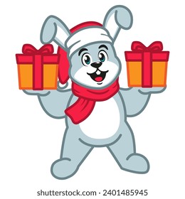 a Cute Rabbit in a Santa Hat and red scarf Holding a Christmas Gift