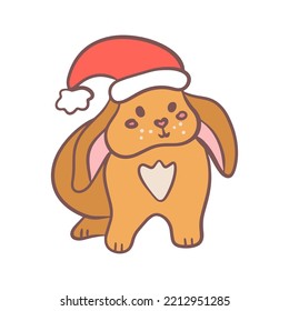 Cute rabbit in Santa hat, vector Christmas flat illustration on white background in hand drawn style