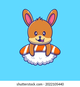 Cute Rabbit Savoring Delicious on top of Sushi Illustration. Rabbit Mascot Cartoon Characters.