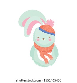 cute rabbit with scarf and hat merry christmas vector illustration