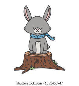 cute rabbit with scarf on trunk autumn on white background vector illustration