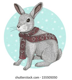 Cute rabbit with scarf winter background