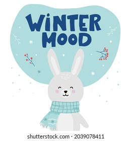 Conejo lindo con fondo de invierno de bufanda. Ilustración del vector de conejo de invierno, conejo. ánimo invernal. tarjeta de felicitación. vector. letras