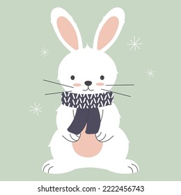 Cute rabbit in a scarf. Year of the rabbit, symbol of 2023. Vector illustration