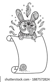 Cute rabbit with scroll sign template. Monochrome vector kawaii illustration with animal in tangle style and empty blank paper template. For print, design, T-shirt, logo,advertising, sale, celebration