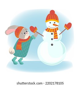 A cute rabbit sculpts a snowman and puts mittens and a hat on him. Vector illustration in a flat style.