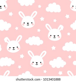 Cute Rabbit Seamless Pattern, Animal Background With Clouds For Kids