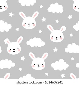 Cute Rabbit Seamless Pattern, Animal Background with Clouds for Kids