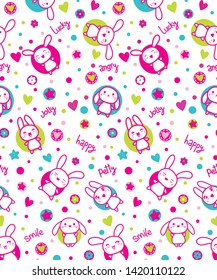 Cute Rabbit Seamless Pattern, Animal Background. Rabbit with different moods. Rabbit Happy.