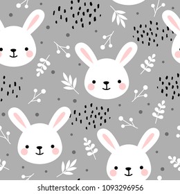 Cute rabbit seamless pattern, bunny hand drawn forest background with flowers and dots, vector illustration