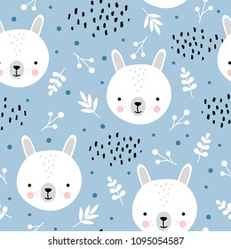Cute rabbit seamless pattern, bunny hand drawn forest background with flowers and dots, vector illustration
