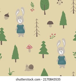 Cute rabbit Seamless pattern. Cartoon Animals in forest background. Vector illustration.