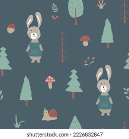 Cute rabbit Seamless pattern. Cartoon Animals in forest background. Vector illustration.