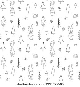 Cute rabbit Seamless pattern. Cartoon Animals in forest background. Vector illustration.