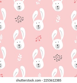 Cute rabbit Seamless pattern. Cartoon Animals in forest background. Vector illustration.