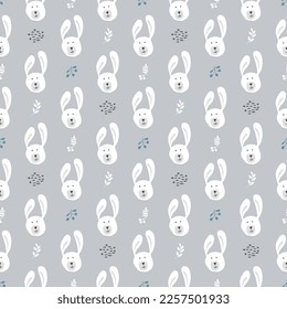 Cute rabbit Seamless pattern. Cartoon Animals in forest background. Vector illustration.