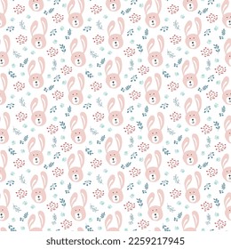 Cute rabbit Seamless pattern. Cartoon Animals in forest background. Vector illustration.