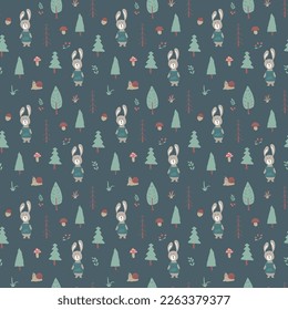 Cute rabbit Seamless pattern. Cartoon Animals in forest background. Vector illustration.