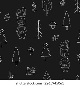 Cute rabbit Seamless pattern. Cartoon Animals in forest background. Vector illustration.