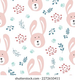 Cute rabbit Seamless pattern. Cartoon Animals in forest background. Vector illustration.