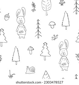 Cute rabbit Seamless pattern. Cartoon Animals in forest background. Vector illustration.