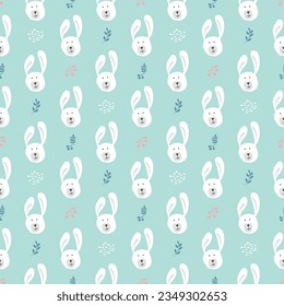 Cute rabbit Seamless pattern. Cartoon Animals in forest background. Vector illustration.