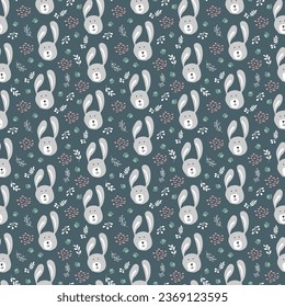 Cute rabbit Seamless pattern. Cartoon Animals in forest background. Vector illustration.