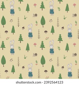 Rutsche Kaninchen Nahtlose Muster. Cartoon Tiere auf Waldhintergrund. Vektorgrafik.
