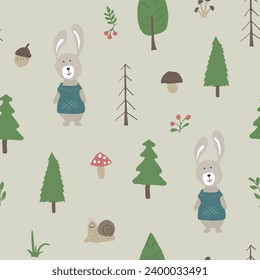 Cute rabbit Seamless pattern. Cartoon Animals in forest background. Vector illustration.
