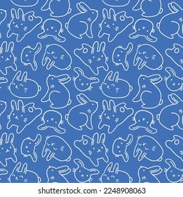 Cute rabbit seamless pattern in doodle style. Vector funny bunny seamless print for baby fabric. Line animals on blue background. New year pattern.