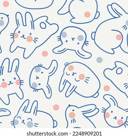 Cute rabbit seamless pattern in doodle style. Vector funny bunny seamless print for baby fabric. Blue line animals on white background. New year pattern.