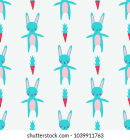 Cute Rabbit Seamless Pattern with a funny blue bunny and carrots. Flat cartoon design. Colorful vector