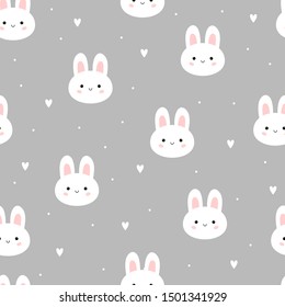Cute rabbit seamless pattern. Kids illustration. Bunny on grey background