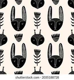 Cute rabbit seamless pattern in scandinavian style.