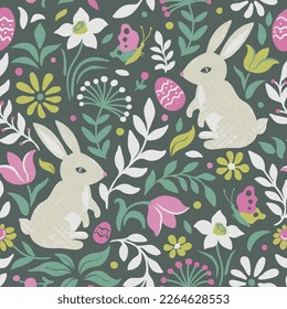 Cute rabbit seamless pattern. Scandinavian style. Easter floral background. Vector illustration.