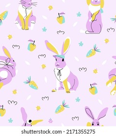 Cute rabbit seamless vector pattern on purple background. Bunny animal character. Vector flat illustration for branding, package, fabric and textile, wrapping paper